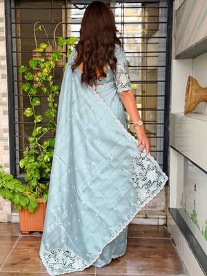 Sea green floral embroidered designer tussar saree 2