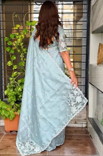 Sea green floral embroidered designer tussar saree