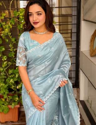 Sea green floral embroidered designer tussar saree 4