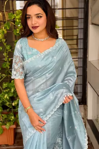 Sea green floral embroidered designer tussar saree
