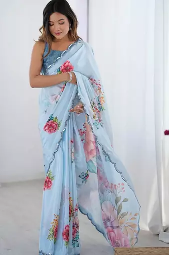 Blue floral sequinned pure chiffon saree