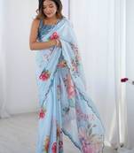Blue floral sequinned pure chiffon saree