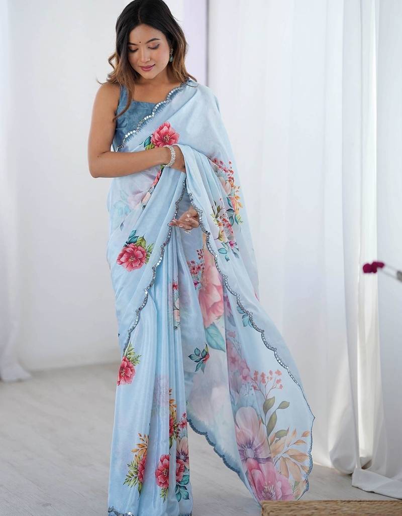 Blue floral sequinned pure chiffon saree