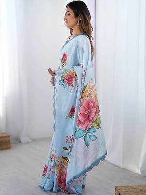 Blue floral sequinned pure chiffon saree 2