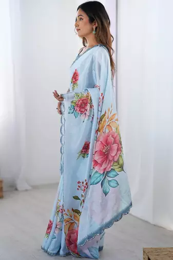 Blue floral sequinned pure chiffon saree