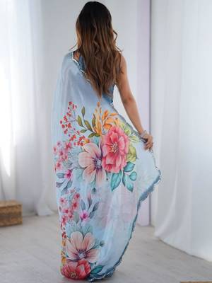 Blue floral sequinned pure chiffon saree 3