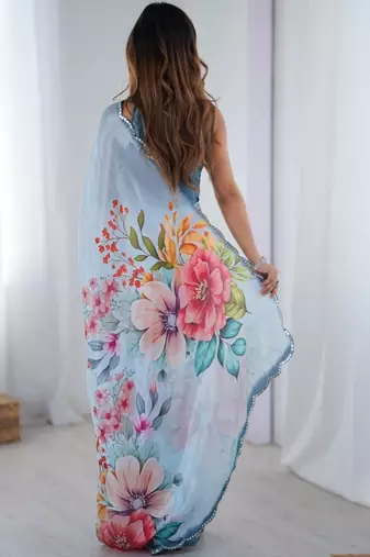 Blue floral sequinned pure chiffon saree