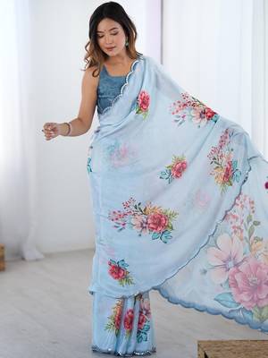 Blue floral sequinned pure chiffon saree 4