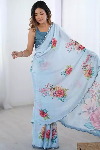 Blue floral sequinned pure chiffon saree