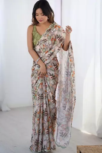 Beige pure chiffon ikat saree
