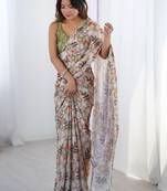 Beige pure chiffon ikat saree
