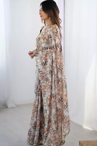Beige pure chiffon ikat saree
