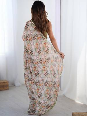 Beige pure chiffon ikat saree 3