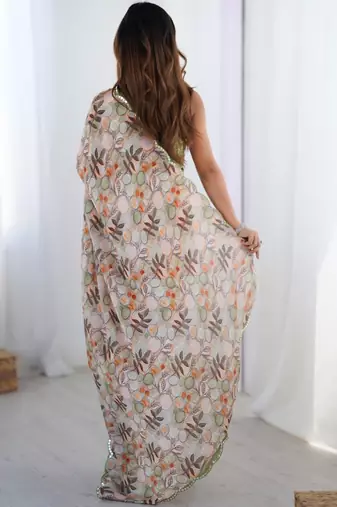 Beige pure chiffon ikat saree