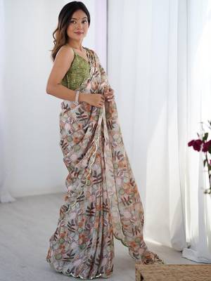 Beige pure chiffon ikat saree 4