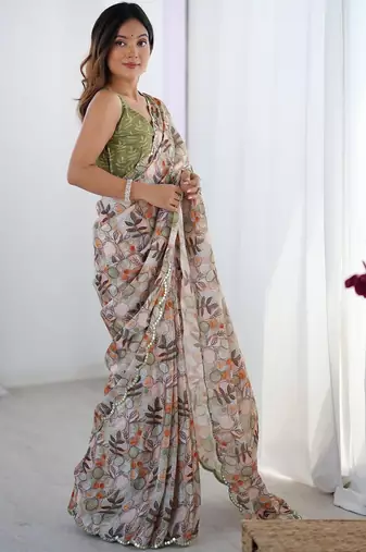 Beige pure chiffon ikat saree