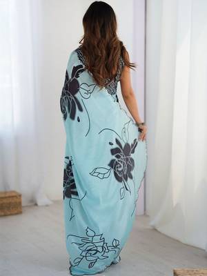 Turquoise floral sequinned pure chiffon saree 3