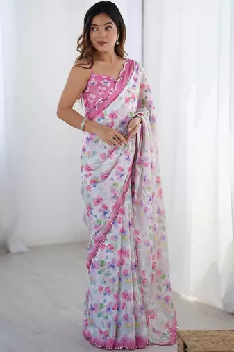 White floral mirror work pure chiffon saree