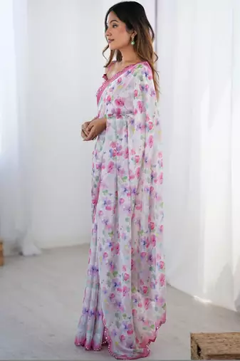 White floral mirror work pure chiffon saree