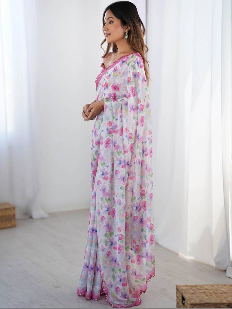 White floral mirror work pure chiffon saree
