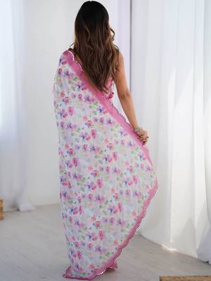 White floral mirror work pure chiffon saree 3