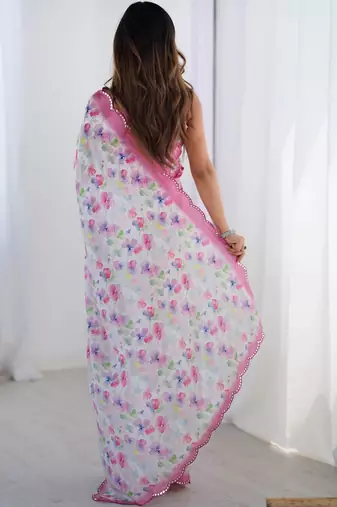 White floral mirror work pure chiffon saree