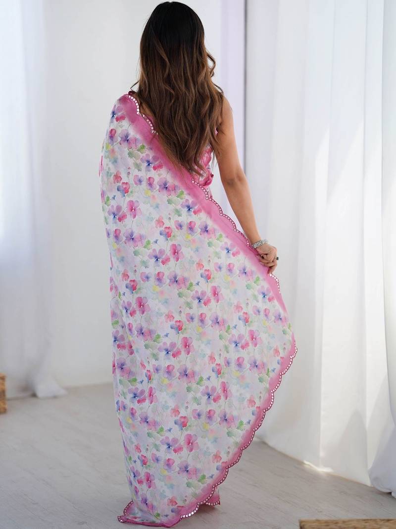 White floral mirror work pure chiffon saree