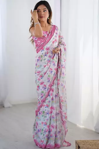 White floral mirror work pure chiffon saree