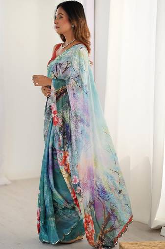 Multicolor floral sequinned pure chiffon designer saree