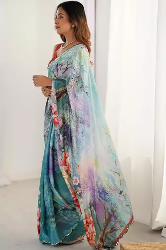 Multicolor floral sequinned pure chiffon designer saree