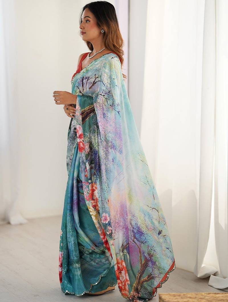 Multicolor floral sequinned pure chiffon designer saree