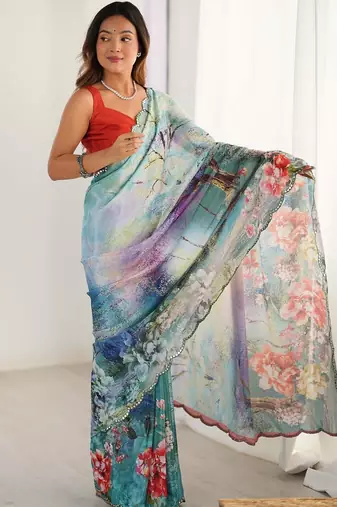 Multicolor floral sequinned pure chiffon designer saree