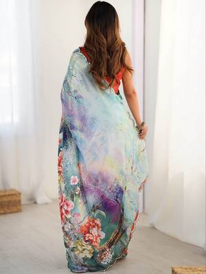 Multicolor floral sequinned pure chiffon designer saree 3