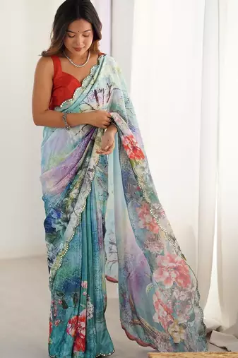 Multicolor floral sequinned pure chiffon designer saree
