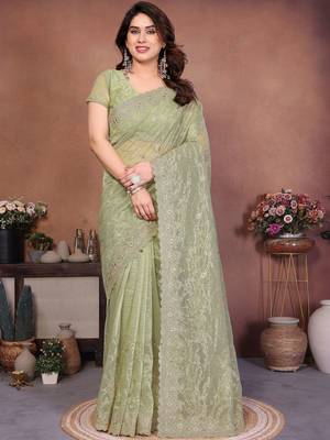 Green embellished embroidered net heavy work saree 1