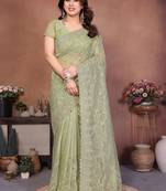 Green embellished embroidered net heavy work saree