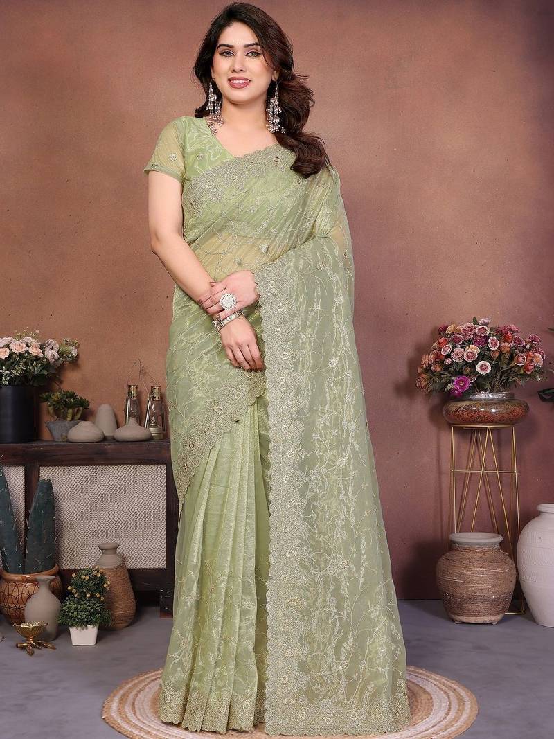 Green embellished embroidered net heavy work saree