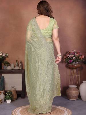 Green embellished embroidered net heavy work saree 2