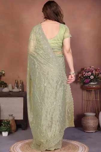 Green embellished embroidered net heavy work saree