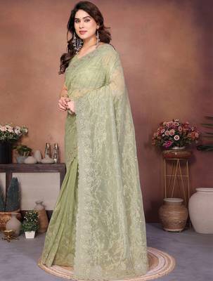 Green embellished embroidered net heavy work saree 3