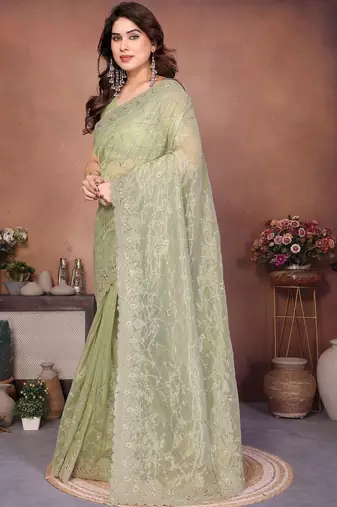 Green embellished embroidered net heavy work saree