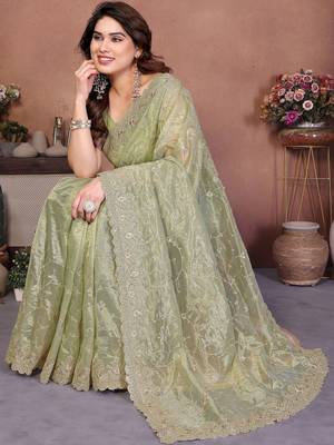 Green embellished embroidered net heavy work saree 4