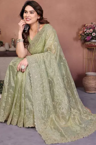 Green embellished embroidered net heavy work saree