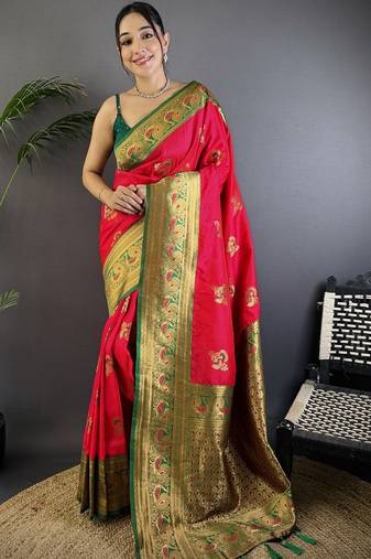 Magenta magenta banarasi silk zari meenakari weaving saree with contrast blouse piece