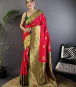 Magenta magenta banarasi silk zari meenakari weaving saree with contrast blouse piece