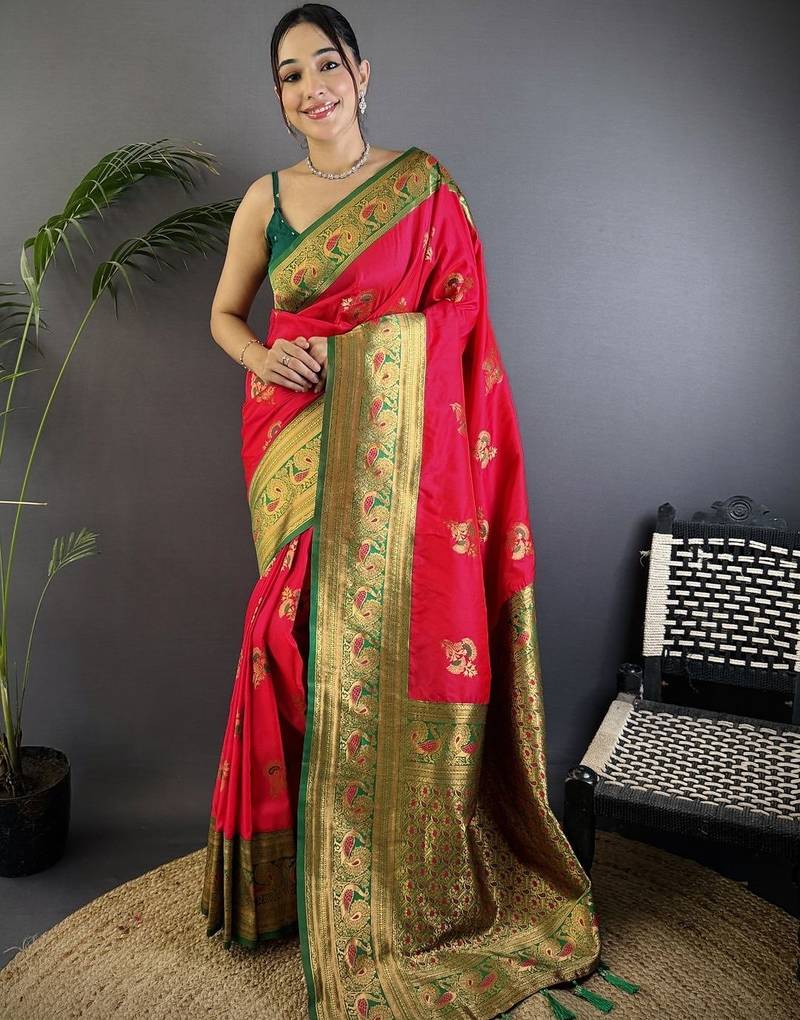 Magenta magenta banarasi silk zari meenakari weaving saree with contrast blouse piece