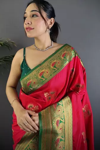 Magenta magenta banarasi silk zari meenakari weaving saree with contrast blouse piece