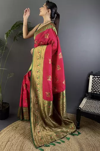 Magenta magenta banarasi silk zari meenakari weaving saree with contrast blouse piece