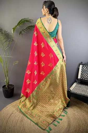 Magenta magenta banarasi silk zari meenakari weaving saree with contrast blouse piece