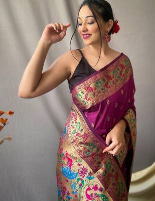 Purple purple silk blend woven design sarees 3